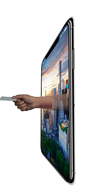phone with hand reaching out towards the left